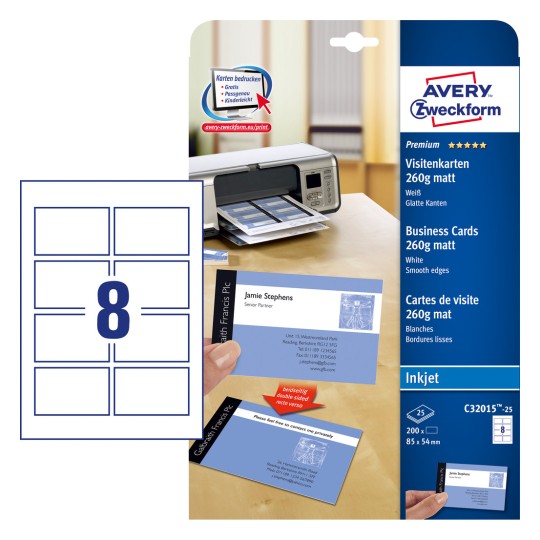 Изображение упаковки с листом с карточками: Avery Zweckform Premium визитные карточки, артикул: C32015-25, формат: 85 x 54 мм, предназначены для: струйной печати, содержимое: 200 карточек / 25 листов, 8 карточек/лист?