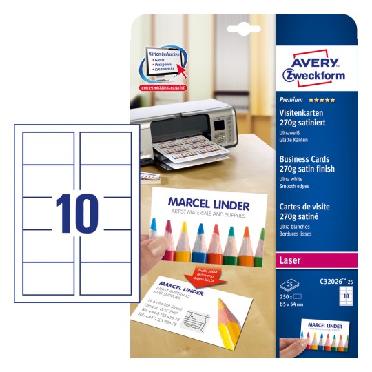 Изображение упаковки с листом для карт: Avery Zweckform Premium визитные карты, Артикул: C32026-25, Формат: 85 x 54 мм, Подходит для печати: цветной лазер, черно-белый лазер, копировальный аппарат, Содержание: 250 карточек / 25 листов, 10 карточек/лист?