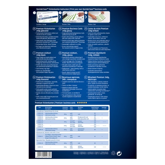 Изображение демонстрирует множество премиальных визитных карточек с различными отделками и весом, а также с описаниями и характеристиками на нескольких языках. Оно содержит информацию об услугах печати и вариантах для создания персонализированных визитных карточек.