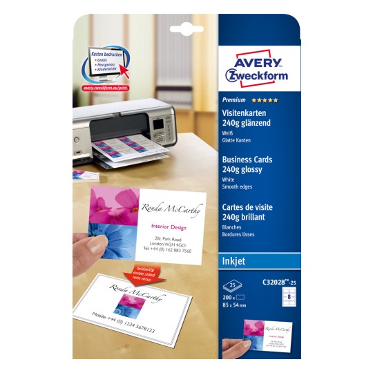 Изображение упаковки: Avery Zweckform Inkjet, артикул: C32028-25, формат: 85 x 54 мм, для печати: Inkjet, содержание: 200 карточек / 25 листов, 8 карточек/лист?