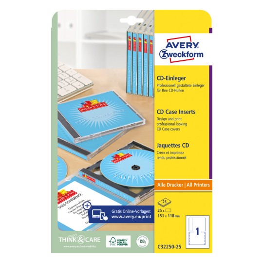 Изображение упаковки: Avery Zweckform CD вкладыши, артикул: C32250-25, формат: 151 x 118 мм, совместимость с принтерами: струйные, лазерные ч/б, цветные лазерные, содержание: 25 листов.