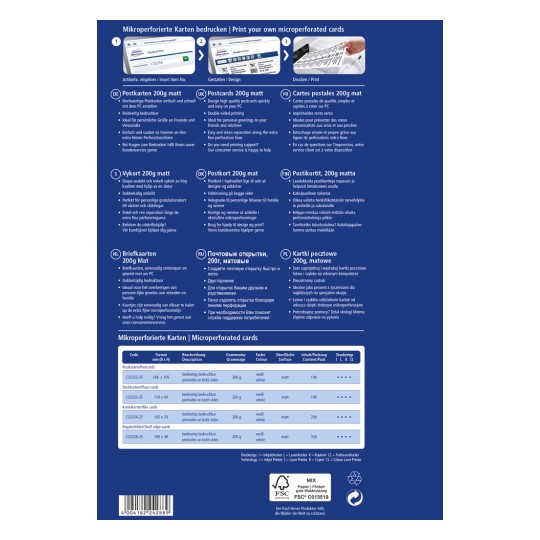 Информационная графика о печати микроперфорированных карточек, с инструкциями и подробностями на нескольких языках о спецификациях открыток, включая размеры, вес и советы по печати.