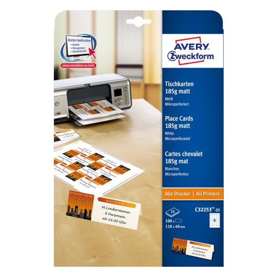 Изображение упаковки: Avery Zweckform карточки для стола, Артикул: C32253-25, Формат: 110 x 40 мм, Подходит для печати: струйные принтеры, цветные лазерные принтеры, черно-белые лазерные принтеры, копировальные аппараты, Содержимое: 100 карточек / 25 листов, 4 карточки/лист.
