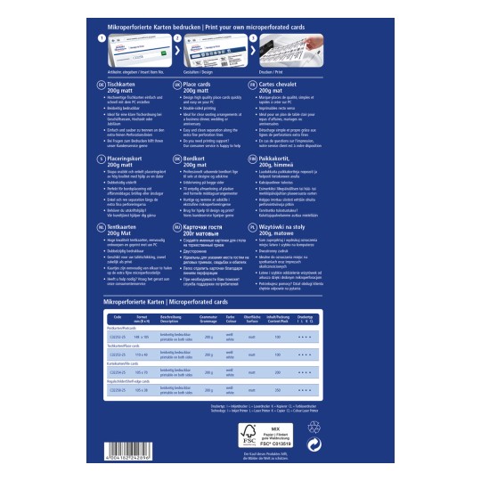 Изображение представляет собой многоязычное руководство по печати микро перфорированных карточек, в котором описаны такие продукты, как карточки для рассадки, карточки для края полки и карточки для стола, включая такие характеристики, как размер, вес и инструкции по печати.