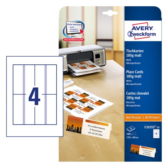 Изображение упаковки с листом карт: Avery Zweckform настольные карточки, Артикул: C32253-25, Формат: 110 x 40 мм, Подходит для принтеров: струйных, цветных лазерных, черно-белых лазерных, копировальных аппаратов, Содержимое: 100 карточек / 25 листов, по 4 карточки на лист.