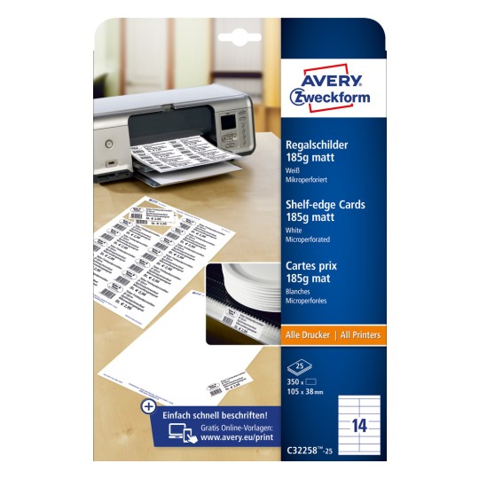 Изображение упаковки: Avery Zweckform ценники для полок, артикул: C32258-25, формат: 105 x 38 мм, пригодны для печати на струйных принтерах, цветных лазерных принтерах, черно-белых лазерных принтерах, копировальных аппаратах, содержимое: 350 карточек / 25 листов, 14 карточек на листе.