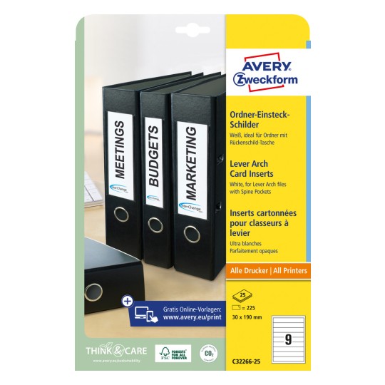 Упаковка: этикетки для файлов Avery Zweckform, артикул: C32266-25, формат: 30 x 190 мм, пригодность для печати: струйная, лазерная ч/б, цветная лазерная. Содержимое: 225 штук / 25 листов, 9 штук на лист.