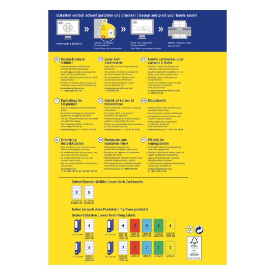 Это изображение содержит многоязычный флаер или буклет для продукции Avery, в частности, фокусируется на картонных вкладышах для рычажных архиваторов и связанных с ними организационных инструментах для документов. Он включает инструкции, советы по оптимальной печати и различные иллюстрации продуктов.