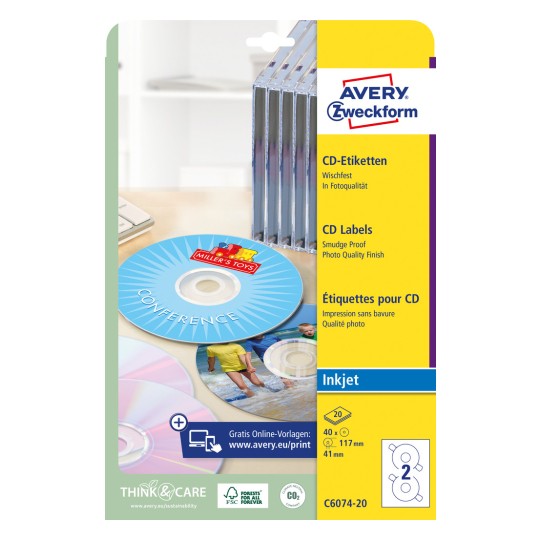 Упаковочное изображение: Avery Zweckform CD-Этикетки ClassicSize, артикул: C6074-20, формат: ⌀ 117 мм, для печати: струйный принтер, содержание: 40 этикеток / 20 листов, 2 этикетки/лист.