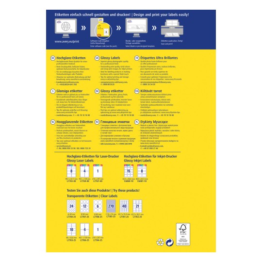 Изображение содержит макет для проектирования и печати этикеток, представляющих различные типы этикеток на нескольких языках, включая информацию о глянцевых этикетках и советы для оптимальной печати.