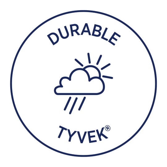 Изображение содержит логотип, который включает слово "DURABLE" в верхней части, иллюстрацию облака с солнечными лучами и дождем ниже него, и слово "TYVEK®" в нижней части. Дизайн предполагает устойчивость к погодным условиям и долговечность.