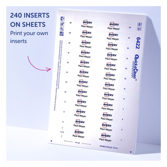 The image shows Avery inserts on sheets, containing customizable labels printed with the name 'Paul Meyer'. The sheet has a total of 240 inserts organized in a grid format.