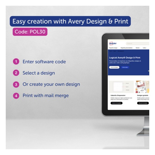 Изображение продвигает использование Avery Design & Print для создания индивидуальных этикеток и открыток. Оно перечисляет такие шаги, как ввод кода программы, выбор или создание дизайна и печать с использованием слияния почты.