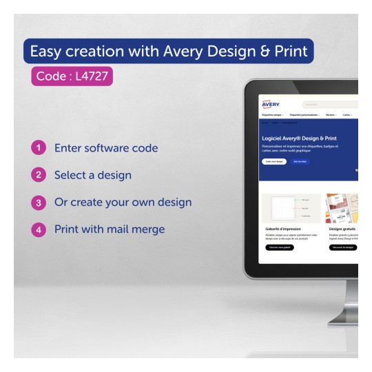 Изображение показывает экран компьютера с программным обеспечением Avery Design & Print, на котором представлены инструкции по созданию этикеток, включая ввод кода, выбор дизайна, создание дизайна и печать с помощью слияния данных почты.