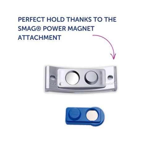 Изображение демонстрирует магнитный крепёж SMAG® Power Magnet, состоящий из серебряного магнитного элемента и синего магнитного крепежа, с текстом, подчёркивающим идеальную фиксацию.