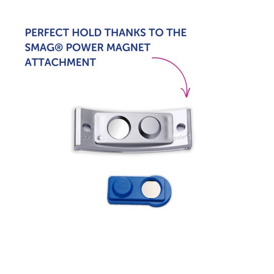 Изображение показывает крепление SMAG® Power Magnet с серебряным магнитным держателем и синим компонентом, обеспечивающим идеальную фиксацию.