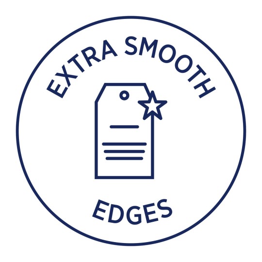 Изображение содержит круговой дизайн с надписью 'EXTRA SMOOTH' в верхней части и 'EDGES' в нижней, а также иллюстрацию бирки со звездой.
