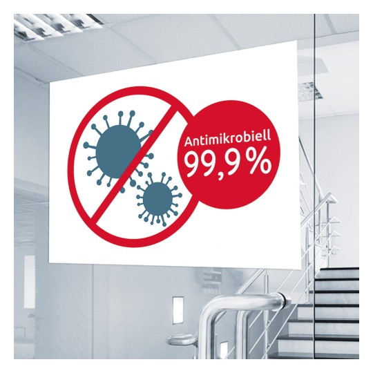 Изображение показывает знак, указывающий на 99,9% антимикробные свойства, с графикой вирусов, перечеркнутых красным кругом и диагональной линией.