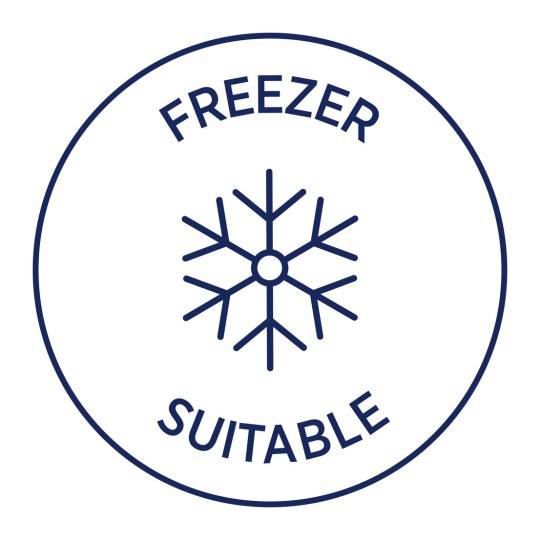 Иконка с надписью «FREEZER» вверху и «SUITABLE» внизу, с символом снежинки в центре, что указывает на пригодность для заморозки.