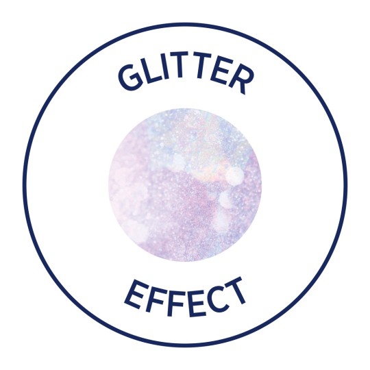 Изображение содержит слова «GLITTER EFFECT» вокруг круглого дизайна с тонким блестящим фоном. Общая эстетика сказочная, включает пастельные цвета и сверкающие элементы.
