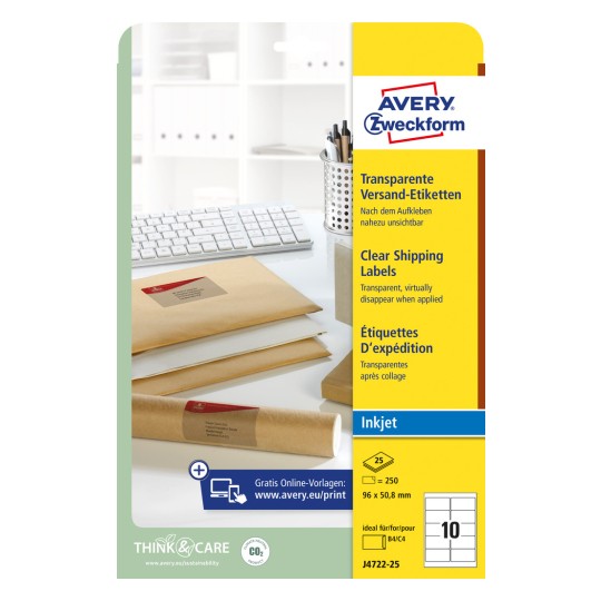 Изображение упаковки: Avery Zweckform прозрачные наклейки для отправки, для струйных принтеров, артикул: J4722-25, формат: 96 x 50,8 мм, совместимость с принтером: струйный, содержимое: 250 наклеек / 25 листов, 10 наклеек/лист.