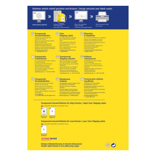 Изображение содержит информацию о прозрачных транспортных этикетках от Avery на нескольких языках. Оно включает советы по печати, детали о продукте и контактную информацию для службы поддержки клиентов.