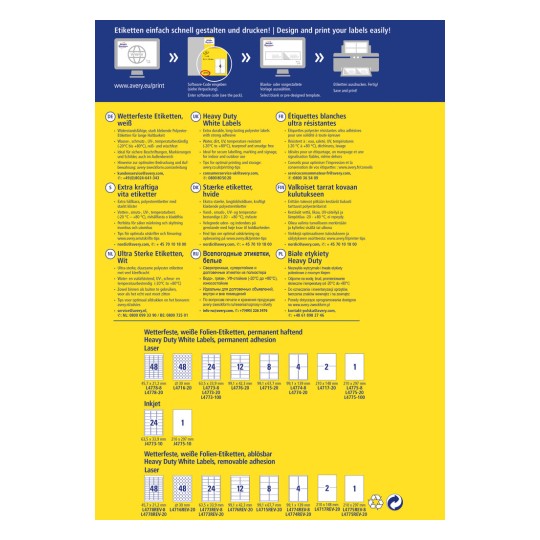 Изображение демонстрирует различные виды этикеток Avery с характеристиками на нескольких языках. Оно включает информацию о водостойких этикетках, прочных белых этикетках и их совместимости с лазерными и струйными принтерами. Макет показывает размеры этикеток и коды продуктов.