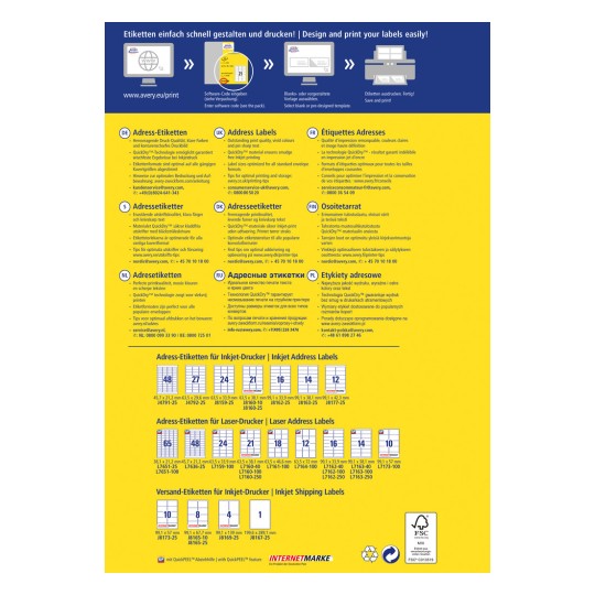 Изображение показывает различные шаблоны этикеток и инструкции по печати адресных и транспортных этикеток, включая советы и контактную информацию на нескольких языках.