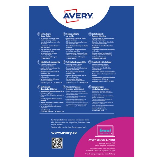Изображение содержит информацию о самоклеящихся бейджах-наклейках Avery на нескольких языках, включая их характеристики, советы по использованию и контактные данные службы поддержки клиентов.