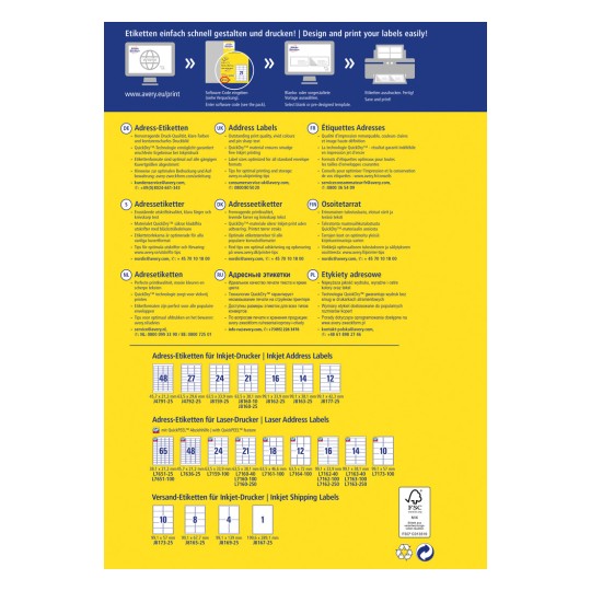 Изображение демонстрирует различные варианты адресных этикеток и советы по их печати от Avery. В нем содержится информация на нескольких языках и таблица с размерами этикеток для струйных и лазерных принтеров.