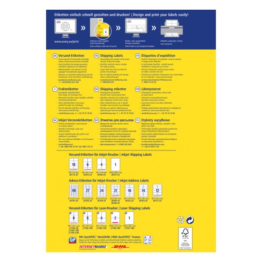 Изображение представляет собой руководство по печати этикеток от Avery, в котором подробно описаны различные типы этикеток, их спецификации и советы по печати на нескольких языках, включая немецкий, английский, французский и другие. Оно содержит информацию о транспортировочных этикетках, адресных этикетках и о том, как эффективно их разрабатывать и печатать.