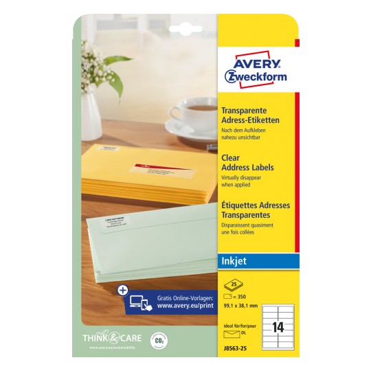 Изображение упаковки: Avery Zweckform Прозрачные почтовые ярлыки, для струйных принтеров, Артикул: J8563-25, Формат: 99,1 x 38,1 мм, Подходит для принтеров: струйные, Содержимое: 350 ярлыков / 25 листов, 14 ярлыков/лист.