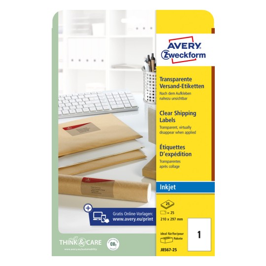 Изображение упаковки: Прозрачные этикетки для отправлений Avery Zweckform, для струйных принтеров, артикул: J8567-25, формат: 210 x 297 мм, пригодность для печати: струйные, содержимое: 25 этикеток / 25 листов, 1 этикетка/лист.