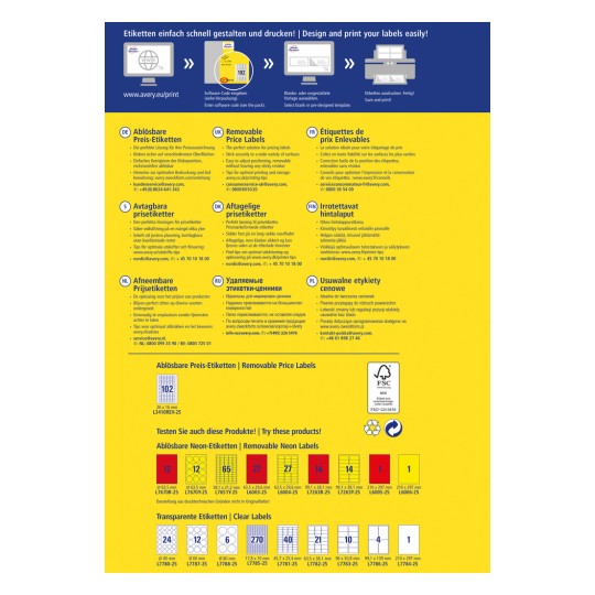 Изображение показывает руководство по печати этикеток и информацию о продукте для съемных ценников, включая характеристики и размеры на разных языках.
