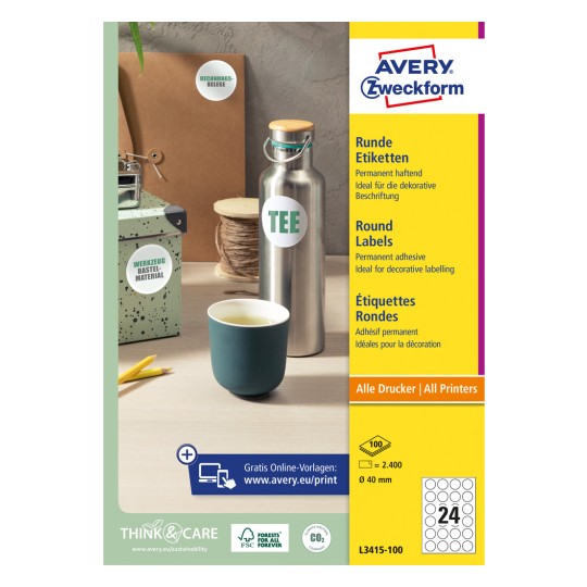 Изображение упаковки: Avery Zweckform Круглые этикетки, артикул: L3415-100, формат: ⌀ 40 мм, совместимость с принтерами: струйный, лазерный ч/б, цветной лазерный, содержание: 2400 этикеток / 100 листов, 24 этикетки/лист.