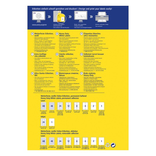 Изображение содержит информацию о различных типах этикеток Avery, включая сведения о стойкости к погодным условиям, свойствах адгезии и советы по печати на нескольких языках.