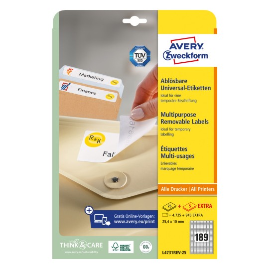Изображение упаковки: Этикетки Avery Zweckform Universal, снимаемые, артикул: L4731REV-25, формат: 25,4 x 10 мм, поддерживаемые принтеры: струйный, черно-белый лазерный, цветной лазерный, содержание: 5.670 этикеток / 30 листов, 189 этикеток/лист.