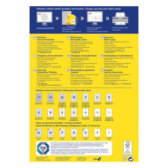Изображение содержит рекламный буклет для многоцелевых съемных этикеток Avery, описывающий различные типы этикеток, размеры и характеристики на нескольких языках.