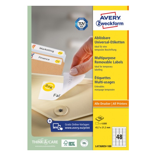 Изображение упаковки: Avery Zweckform универсальные этикетки, снимаемые, артикул: L4736REV-100, формат: 45,7 x 21,2 мм, пригодны для печати: струйная печать, черно-белый лазер, цветной лазер, содержимое: 4 800 этикеток / 100 листов, 48 этикеток/лист.