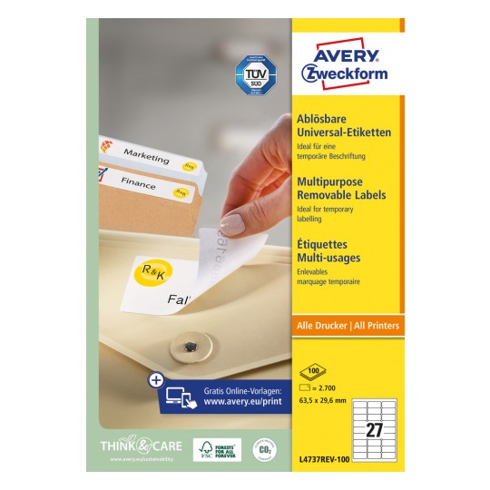 Изображение упаковки: Avery Zweckform Универсальные этикетки, съемные, артикул: L4737REV-100, формат: 63,5 x 29,6 мм, пригодность для печати: струйные принтеры, черно-белые лазерные, цветные лазерные, содержание: 2700 этикеток / 100 листов, 27 этикеток на лист.