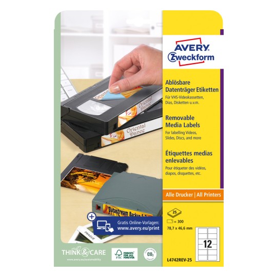 Изображение упаковки: Avery Zweckform Другие носители-этикетки, артикул: L4742REV-25, формат: 78,7 x 46,6 мм, подходит для печати: струйный, лазерный черно-белый, цветной лазерный, содержимое: 300 этикеток / 25 листов, 12 этикеток/лист.