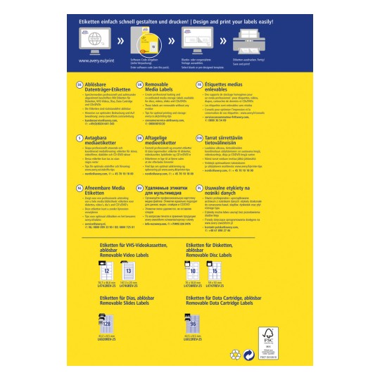 Изображение содержит инструкции и информацию о наклейках для съемных носителей на нескольких языках, в том числе различные типы наклеек для различных носителей, таких как видеокассеты VHS, диски и слайды, а также контактные данные службы поддержки клиентов.