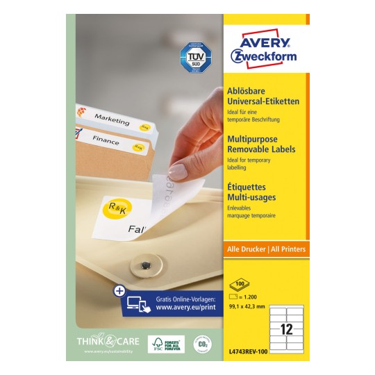 Изображение упаковки: универсальные этикетки Avery Zweckform, съемные, артикул: L4743REV-100, формат: 99,1 x 42,3 мм, пригодны для печати: струйный принтер, лазерный принтер ч/б, лазерный цветной принтер, содержание: 1 200 этикеток / 100 листов, 12 этикеток/лист.