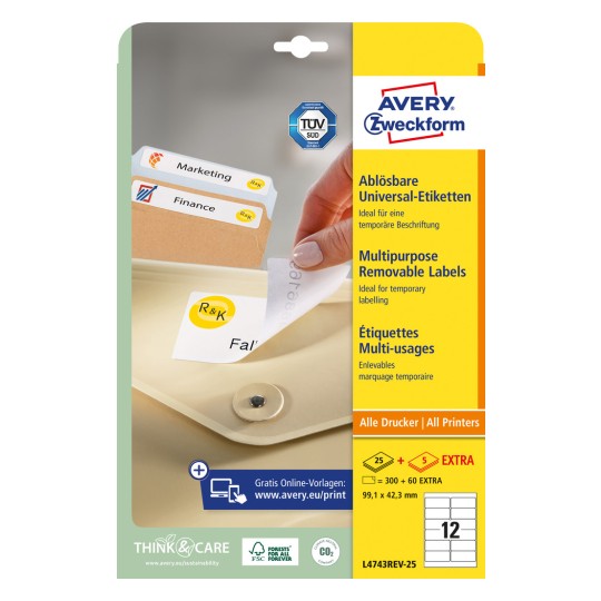 Изображение упаковки: Universal-Etiketten Avery Zweckform, снимаемые, Артикул: L4743REV-25, Формат: 99,1 x 42,3 мм, Совместимость с принтерами: струйный, лазерный ч/б, цветной лазер, Содержание: 360 этикеток / 30 листов, 12 этикеток/лист.