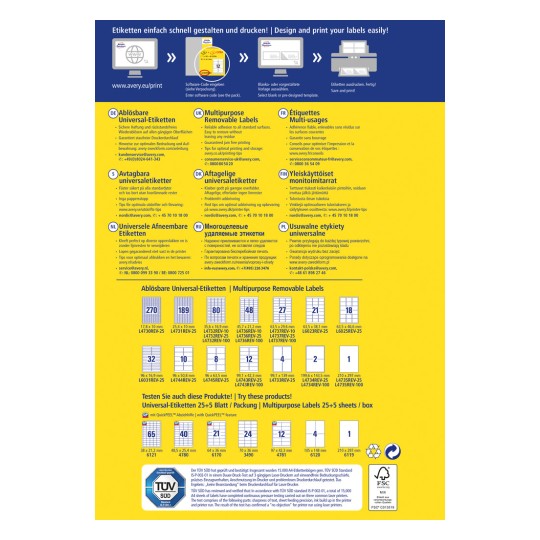 Изображение содержит информацию о многоцелевых съемных этикетках, включая спецификации, инструкции по использованию и различные типы этикеток, представленные на нескольких языках. Оно демонстрирует визуальное оформление с различными размерами этикеток и деталями упаковки.