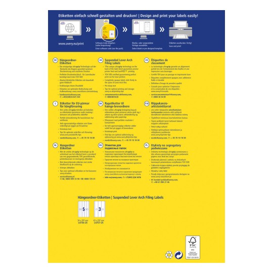 Изображение содержит информацию о подвесных этикетках файлового архива с рычажным механизмом, включая описания на нескольких языках и инструкции по дизайну и печати. Оно содержит подробности о уникальной технологии, лежащей в основе этикеток, и советы по оптимальной печати и хранению.