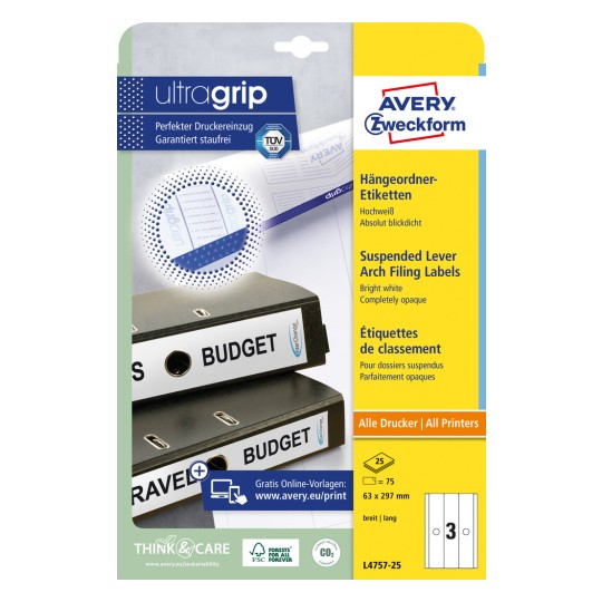 Изображение на упаковке: наклейки для подвесных папок Avery Zweckform, статья: L4757-25, формат: 63 x 297 мм, пригодность для печати: струйные принтеры, лазерные принтеры ч/б, цветные лазерные принтеры, содержимое: 75 наклеек / 25 листов, 3 наклейки/лист.
