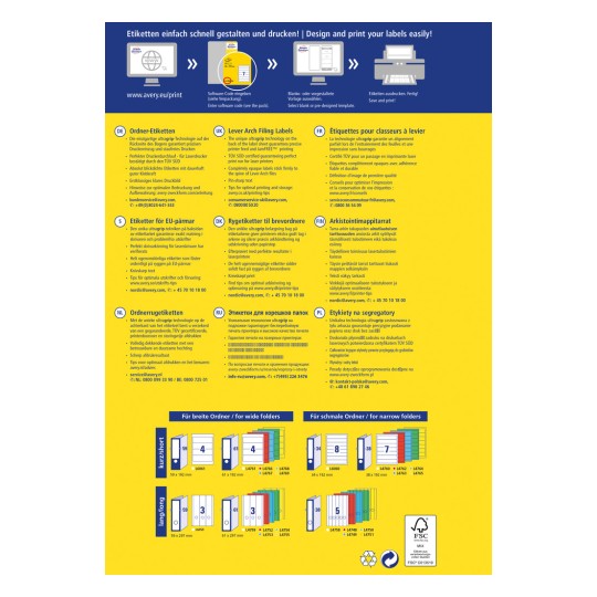 Изображение подробно описывает различные типы этикеток для систем хранения документов, демонстрируя их особенности, оптимальные советы по печати и специальные дизайны для папок разных размеров на нескольких языках.
