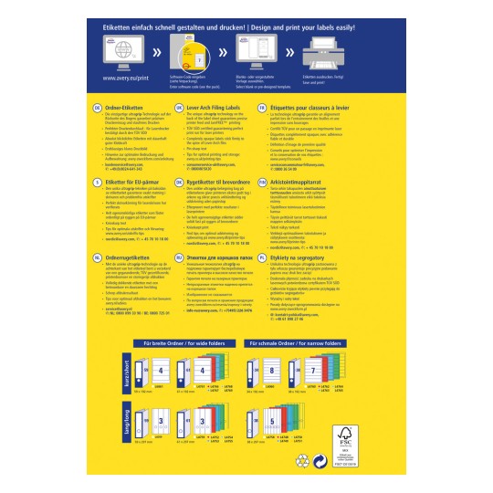 Изображение содержит информацию о решениях для печати этикеток от Avery. В нем представлены инструкции, спецификации продукта и рекомендации по дизайну на нескольких языках. Перечислены различные форматы этикеток для папок, а также даны советы по оптимальной печати и хранению.