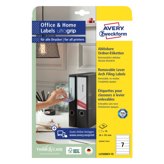 Изображение упаковки: Avery Zweckform наклейки на папки, съемные, артикул: L4760REV-10, формат: 38 x 192 мм, совместимость с принтерами: струйный, лазерный ч/б, цветной лазерный, содержимое: 70 наклеек / 10 листов, 7 наклеек/лист.